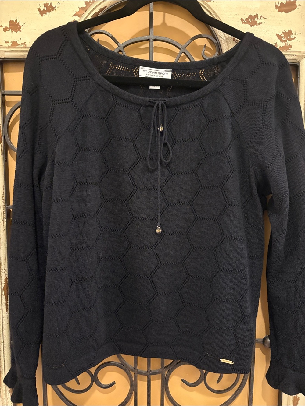 St. John Sport by Marie Gray Black Hexagon Knit Tie-Neck Sweater